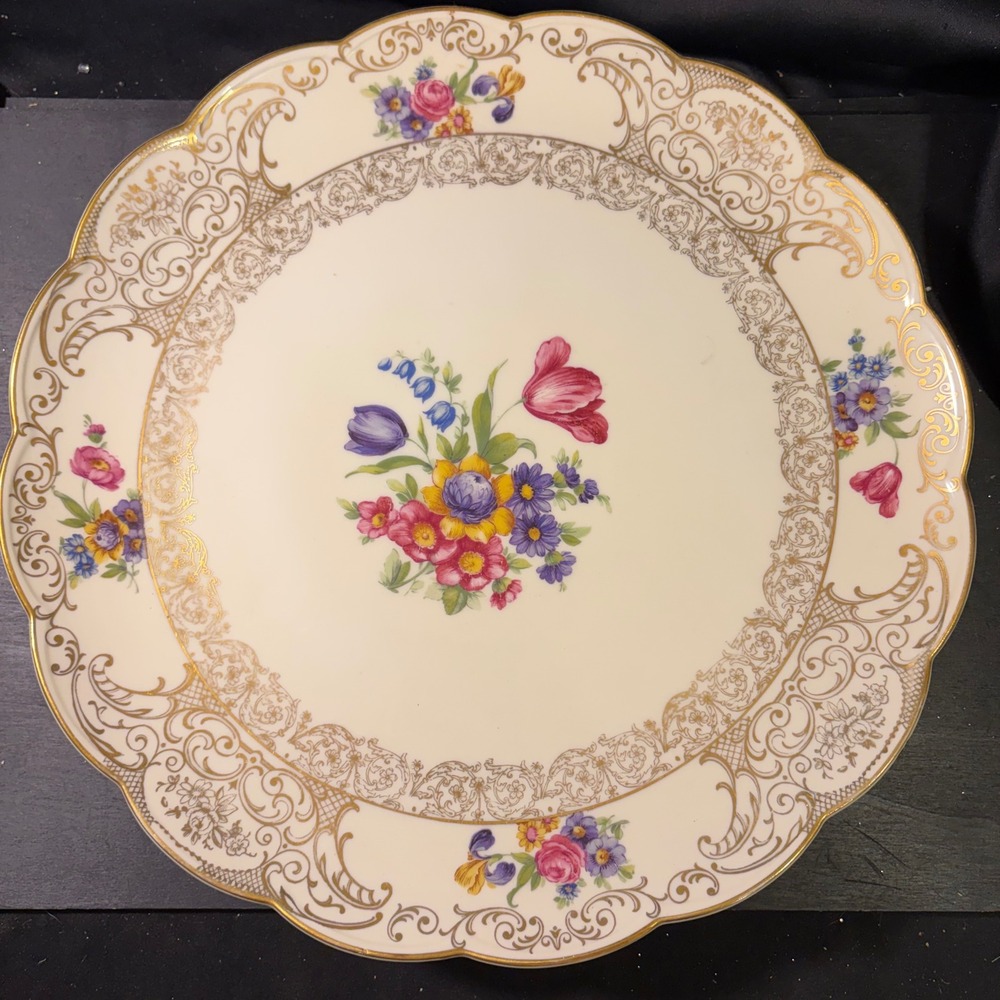 Royal Bayreuth Bavaria Floral Gold Filigree Scalloped 12.5" Platter Germany